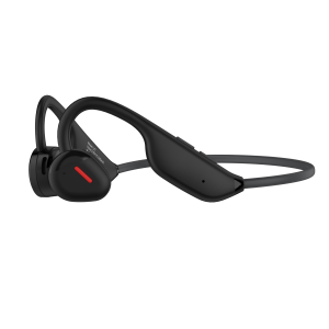 Open-back bluetooth headphones that hang behind the neck and have speakers attached to the cheekbones